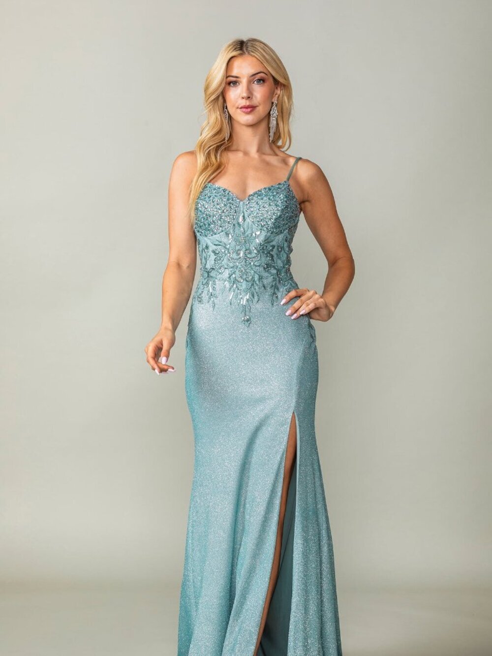 New Sage Romantic Sequins Embellished Long Formal Dress w/ Leg Slit DQ 4375